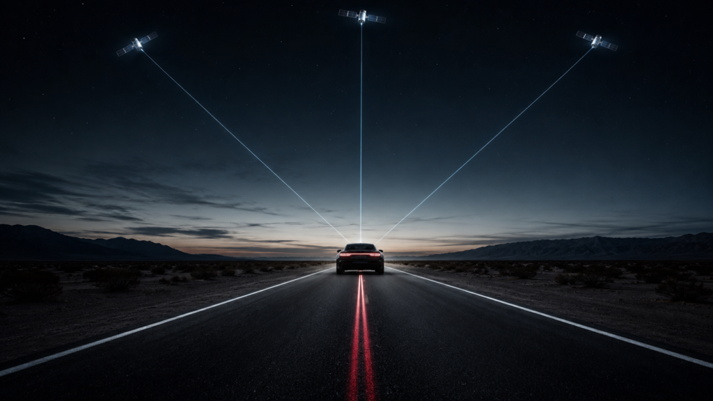 Illustration of GPS satellites tracking a car on an open road