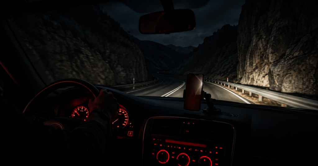 Night drive through a canyon road shot from the passenger seat