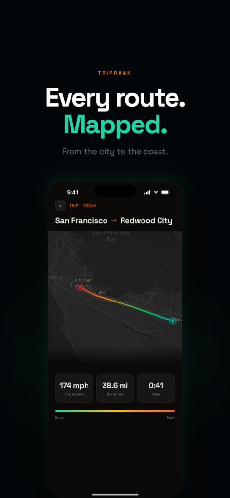 TripRank iPhone speedometer app showing a live speed dial during a drive