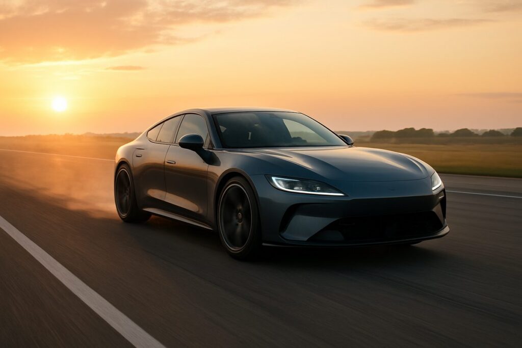Performance car accelerating from a standstill on a closed circuit straight