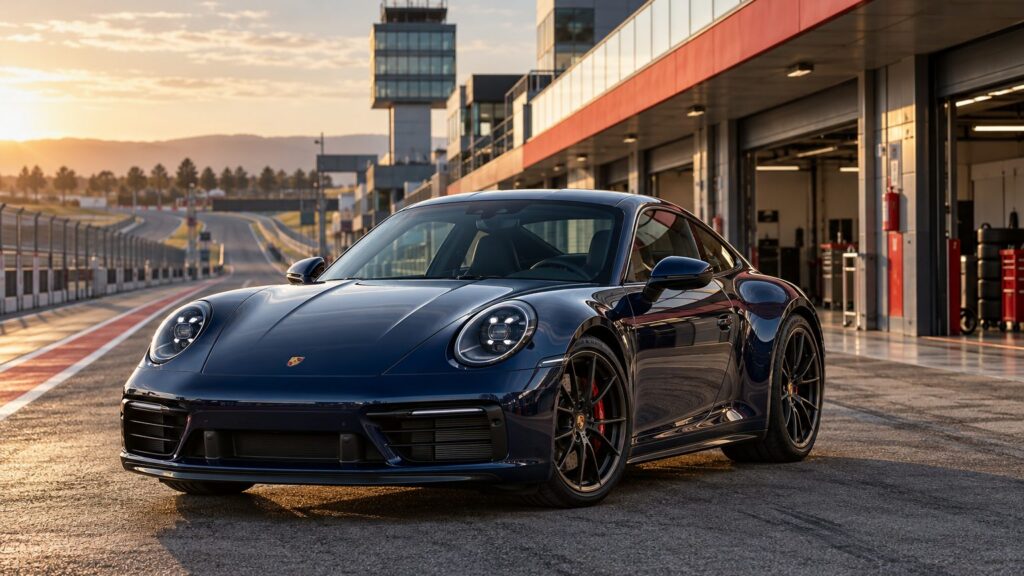 Deep navy Porsche 911 beside Jarama pit garages, venue for the 2027 Madrid E-Prix