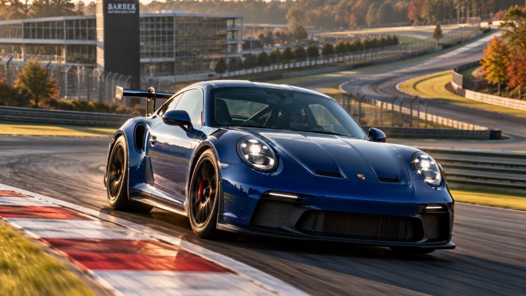 Blue Porsche on a closed circuit, representing the new 911 GT3 driving courses at Barber