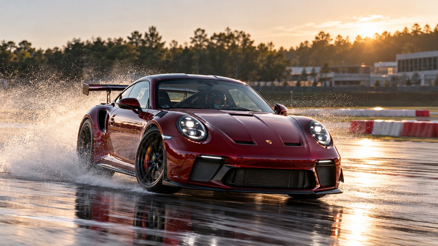Dark red Porsche 911 GT3 practising a controlled slide on a closed skid pad