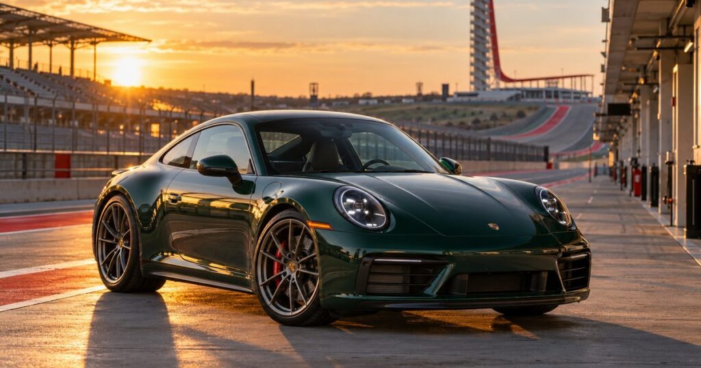 Deep emerald GT coupe beside Yas Marina’s illuminated pit buildings for the Abu Dhabi Grand Prix