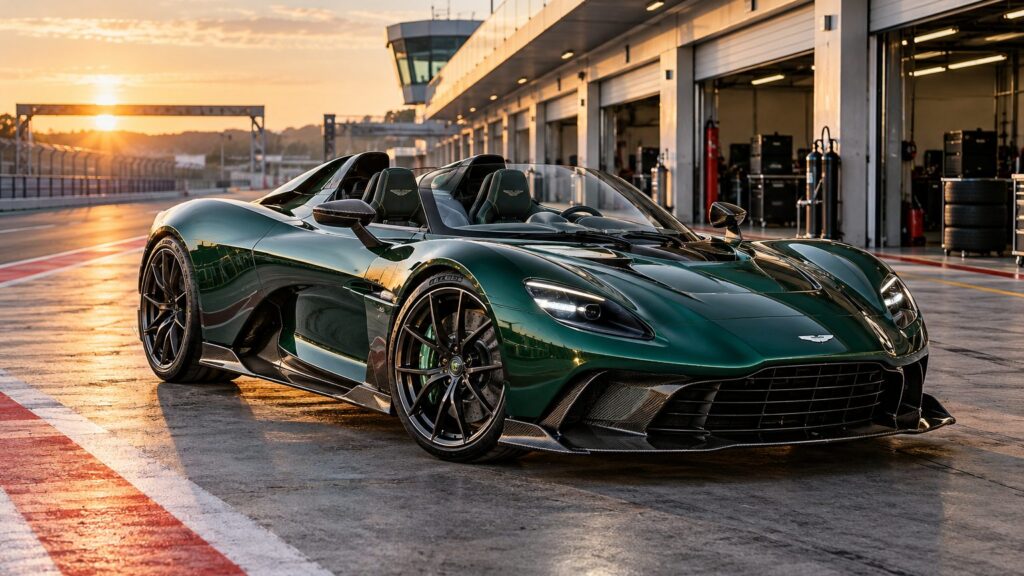 Aston Martin Valhalla Spider in deep green with its open cockpit visible in a circuit pit lane
