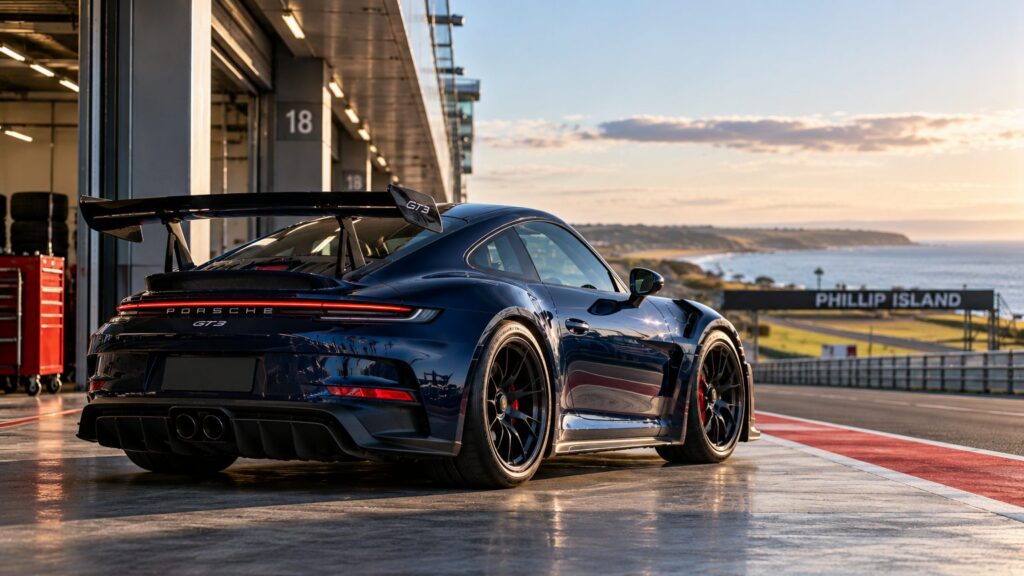 Navy sports coupe beside a coastal circuit pit garage for the Australian MotoGP 2026 schedule