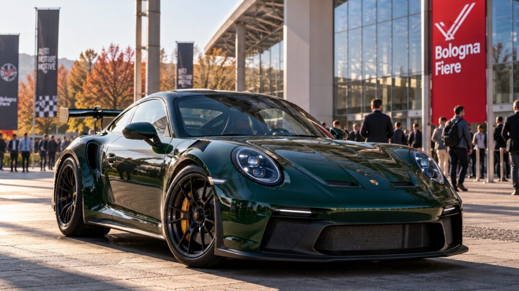 Green Porsche 911 GT3 outside an exhibition centre, illustrating travel to Auto e Moto d’Epoca Bologna 2026
