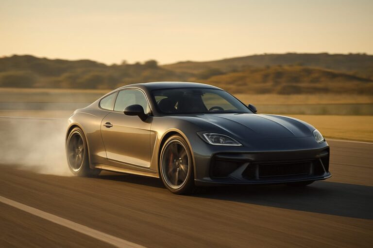 Performance car braking hard from speed on a closed circuit in dry conditions