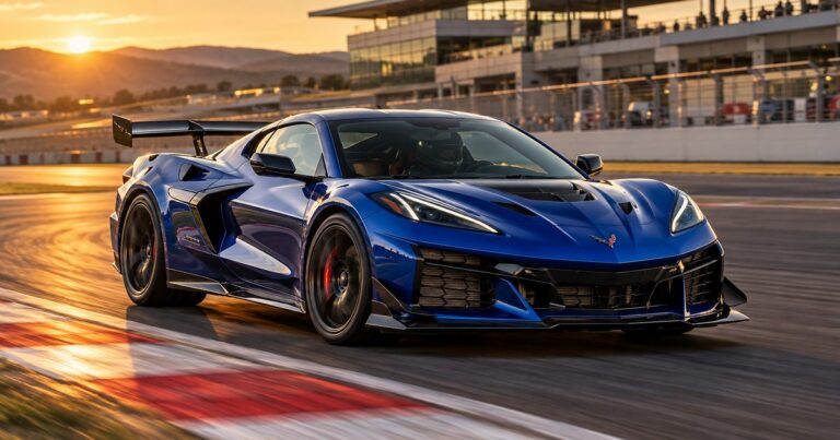Blue Corvette ZR1X exiting a closed-circuit corner, illustrating Corvette ZR1X lap records