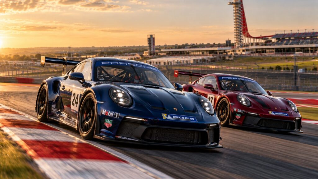 Two Porsche 911 Cup cars corner at Circuit of The Americas, venue for the 2026 COTA Pro finale
