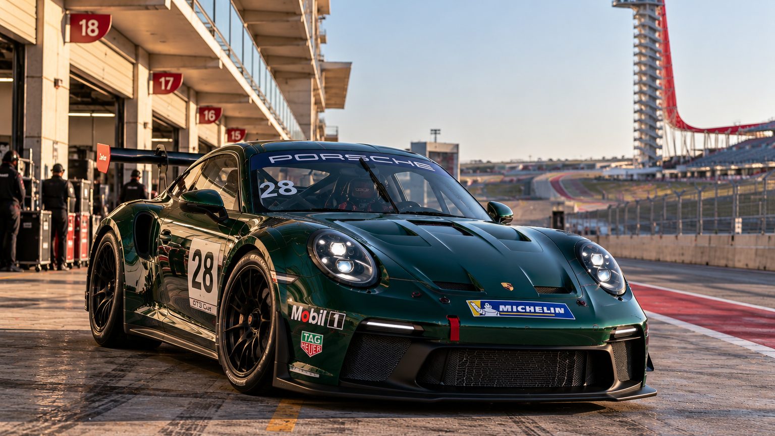Porsche 911 Cup race car in the Circuit of The Americas pit lane