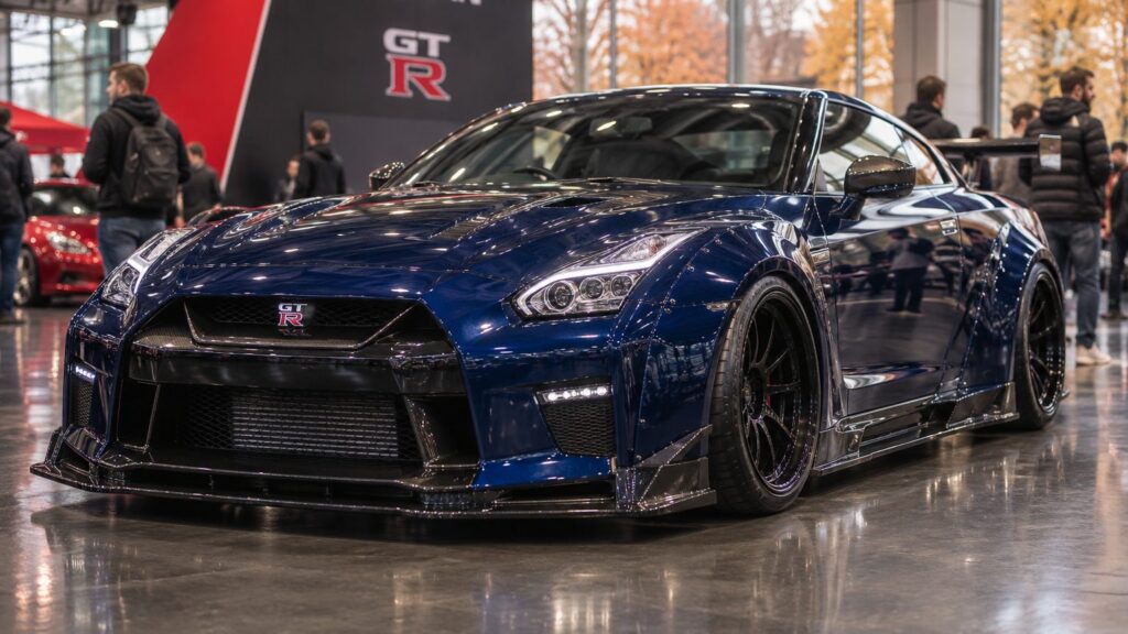 Midnight-blue widebody Nissan GT-R on an exhibition stand, illustrating Essen Motor Show 2026 tuningXperience