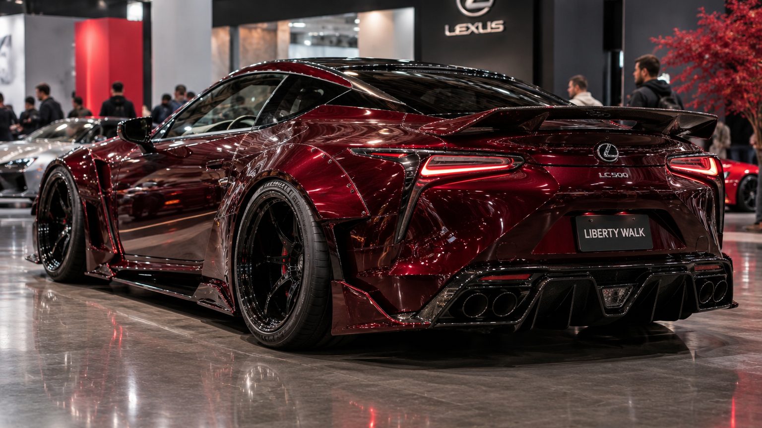Burgundy widebody Lexus LC500 displayed under soft automotive exhibition lighting