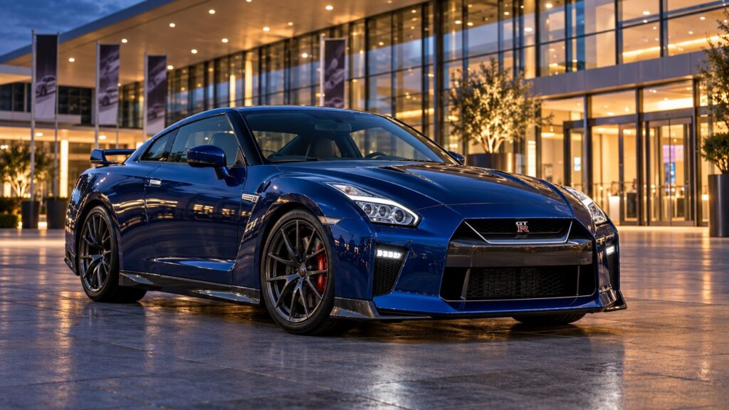 Blue Nissan GT-R outside an exhibition hall, evoking the Fast and Furious cars theme