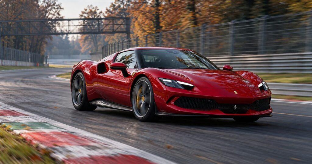 Deep-red Ferrari cornering at Monza, accompanying the WEC Monza 2026 schedule