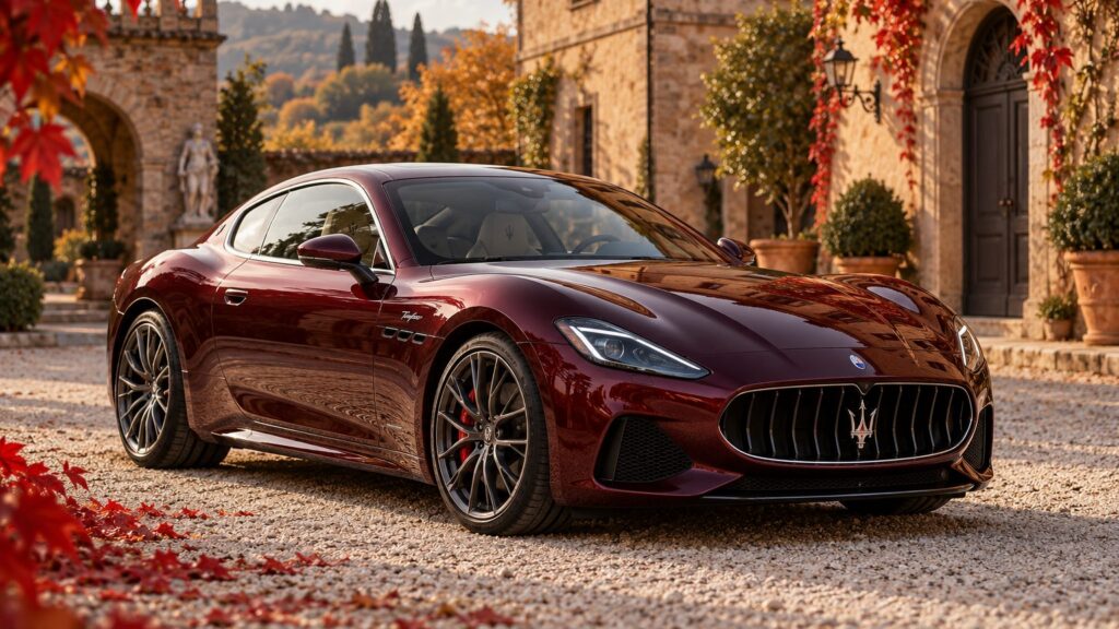 Burgundy Maserati GranTurismo in a historic courtyard, reflecting the Festival Car Turin design theme