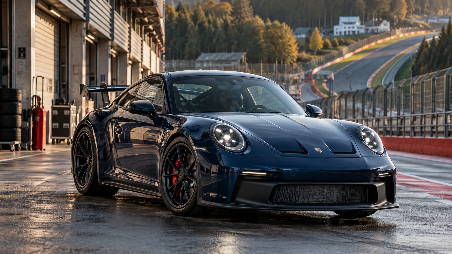 Midnight-blue Porsche in the Spa-Francorchamps pit lane beneath the forested circuit