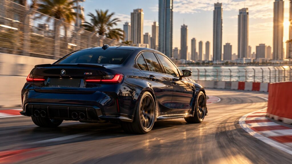 Deep navy performance saloon on a coastal circuit, illustrating Gold Coast 500 race weekend coverage