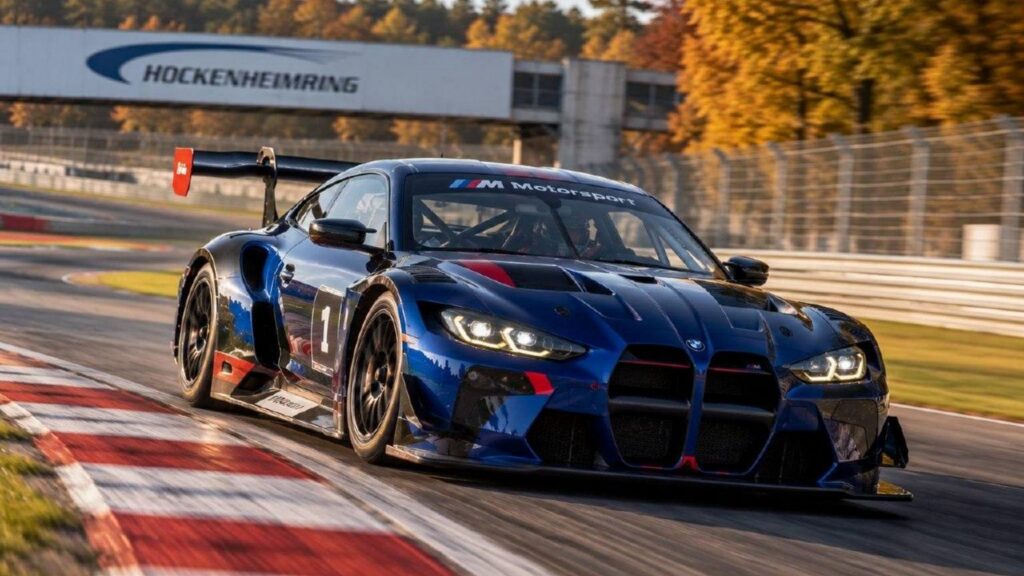 Blue GT coupe on circuit, accompanying the Hockenheimring 2026 schedule for DMV Goodyear Racing Days