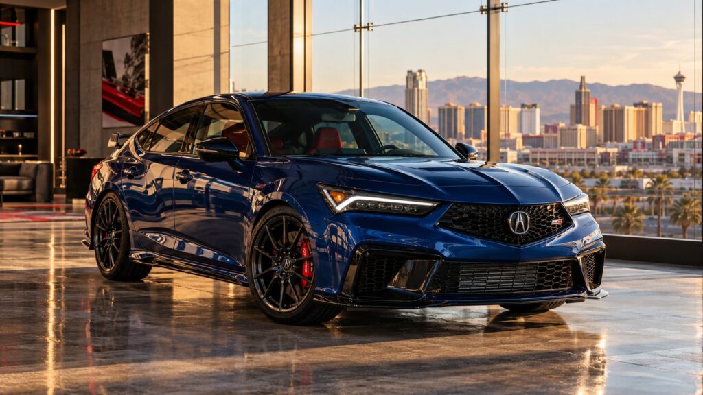 Blue Acura Integra Type S in a Las Vegas showroom, a model included in the HRC performance parts announcement
