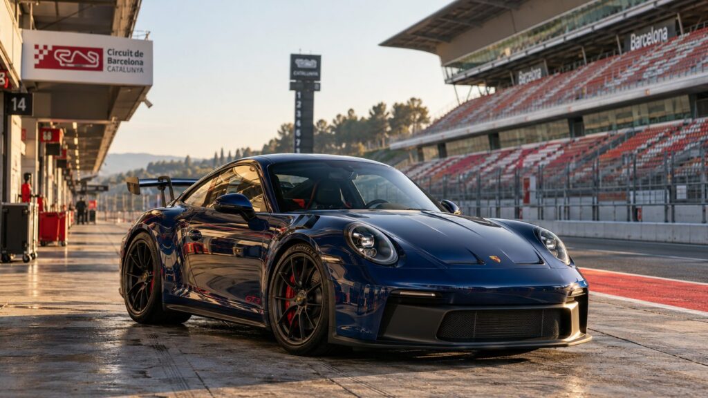 Blue GT coupe in a circuit pit lane for an IndyCar Barcelona 2027 race travel feature