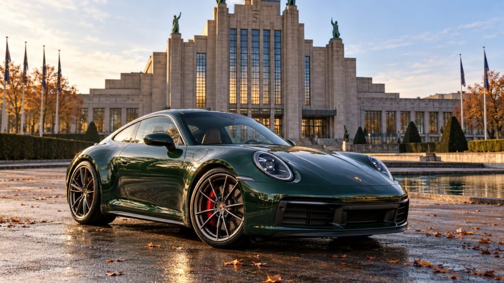 Green Porsche 911 outside Brussels Expo, venue for InterClassics Brussels 2026