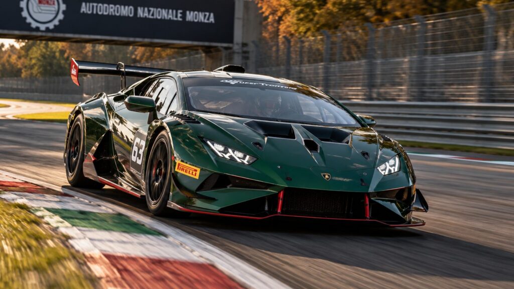 Green Huracán Super Trofeo EVO2 racing at Monza, venue for Lamborghini World Finals tickets and race information