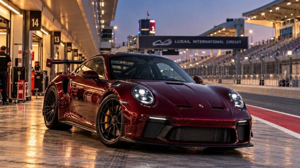 Burgundy Porsche 911 GT3 in the Lusail pit lane, setting for Lusail fan activities in 2026