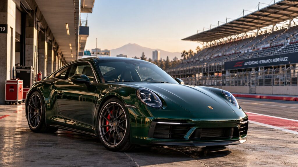 Deep green Porsche beside the paddock at the Mexico City Grand Prix circuit