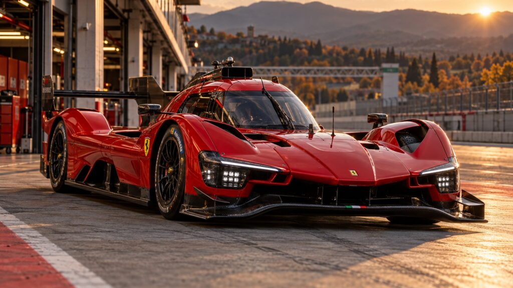 Burgundy GT coupe beside Mugello pit garages, setting for the MotoGP Mugello 2027 dates announcement