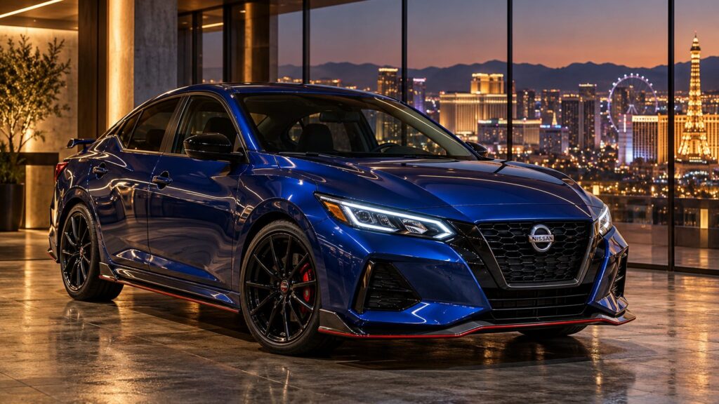 Deep blue Nissan Sentra with Spec-V-inspired styling in a Las Vegas garage