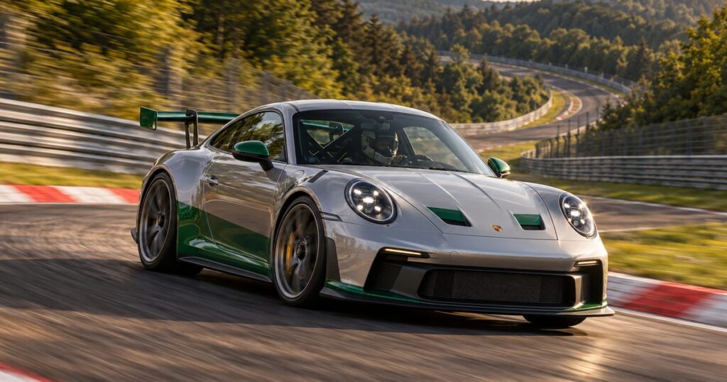 Silver and green Nürburgring Porsche 911 GT3 exiting a closed-circuit corner in late-afternoon light