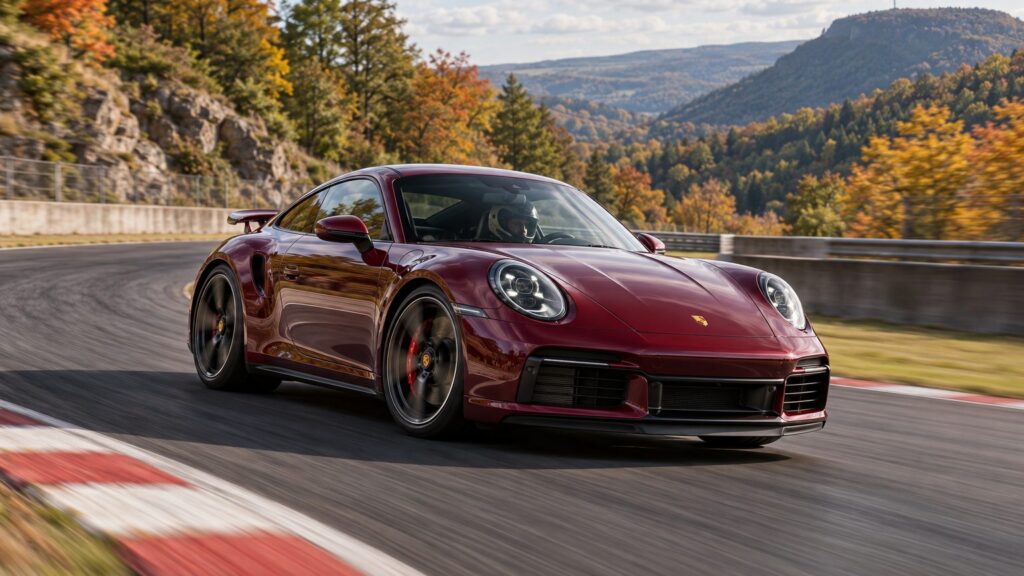 Burgundy sports coupe on an autumn circuit, illustrating the Octane Tour Charade finale