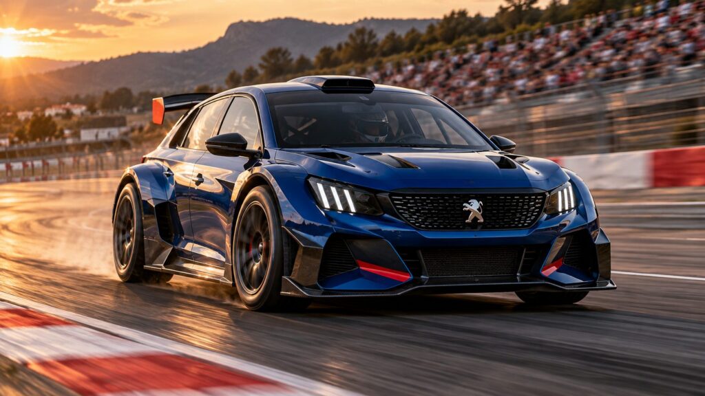 Peugeot E-T16 concept powering through a closed-circuit corner in late-afternoon light