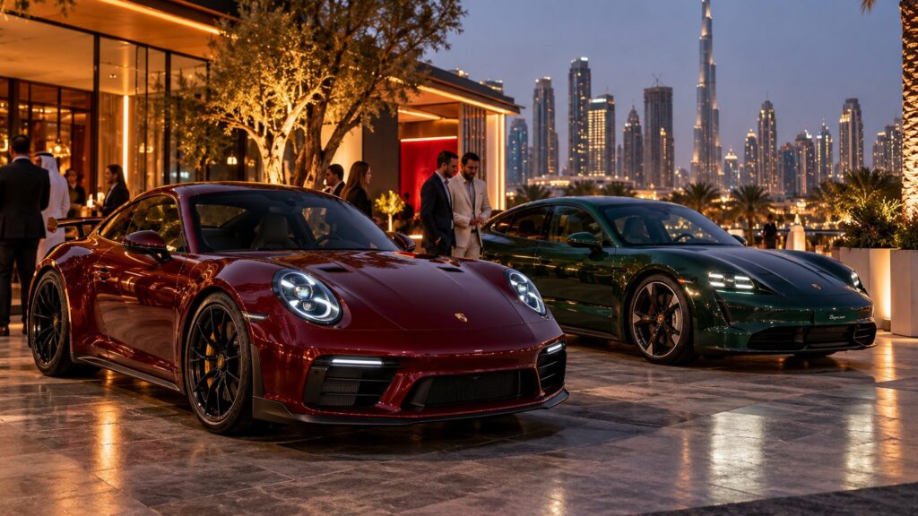 Glossy Porsche sports cars in a Dubai courtyard, reflecting the Porsche Dubai event's car-culture focus