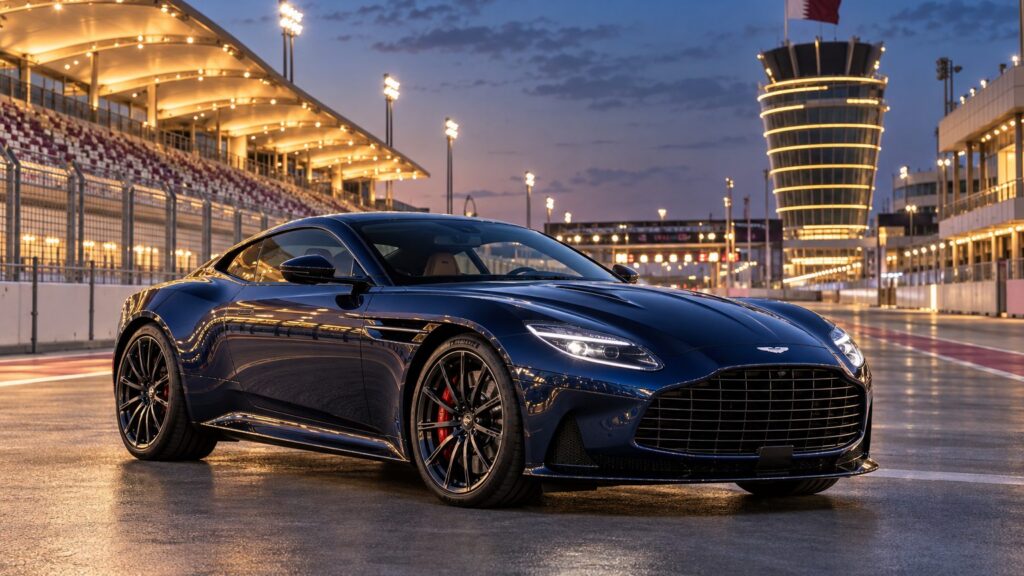 Deep blue GT coupe outside Lusail International Circuit, venue for the Qatar Grand Prix