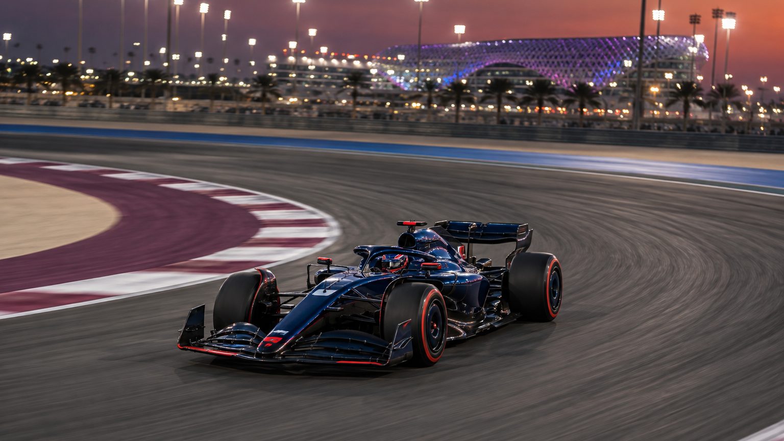 Single-seat racing car passing Turn 1 at Lusail beneath evening floodlights
