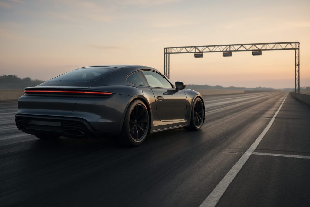 Performance car launching from a drag-strip start line at dawn