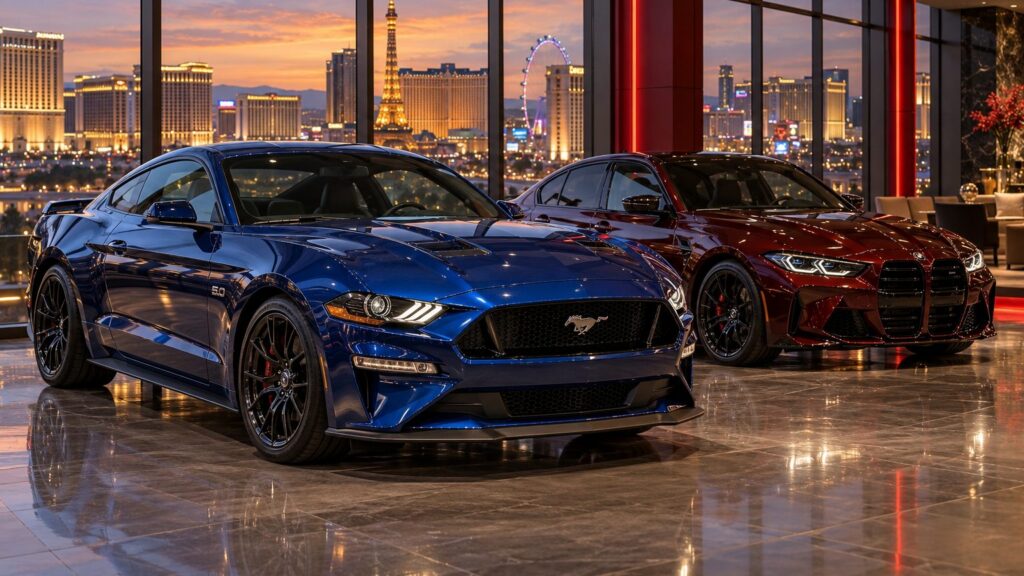 Glossy performance cars in a Las Vegas showroom, illustrating the SEMA Show 2026 manufacturers preview