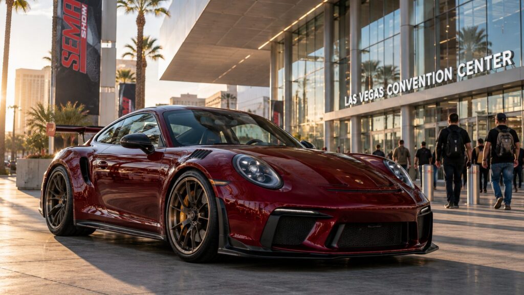 Burgundy Porsche outside the Las Vegas Convention Center for SEMA Show 2026 preparation
