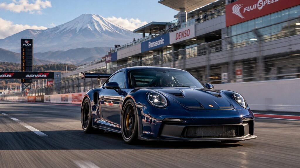Blue GT coupe on Fuji Speedway’s straight, venue for the Super Taikyu finale 2026