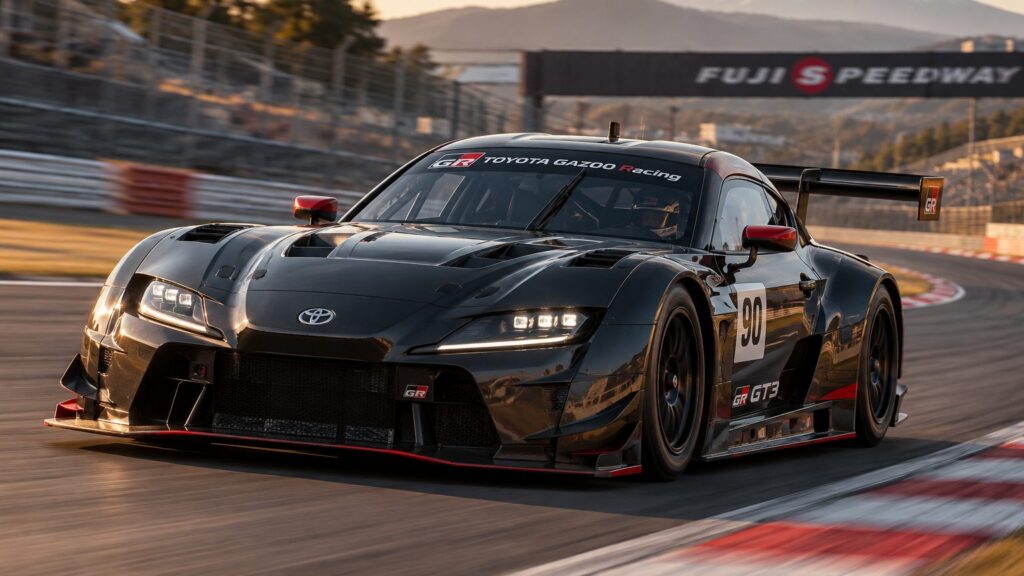 Toyota GR GT3 development prototype cornering on a closed racing circuit