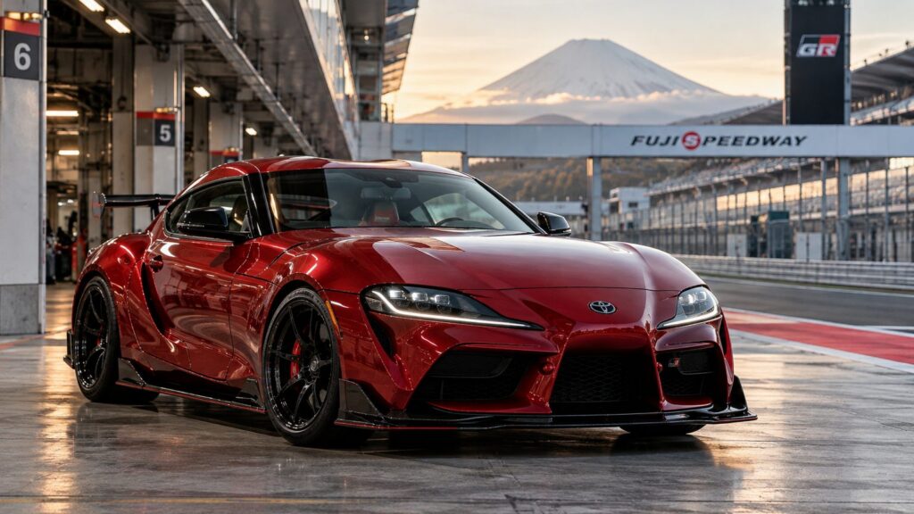 Production Toyota GR Supra in a pit lane, an illustrative image for the Toyota mid-engined coupe report