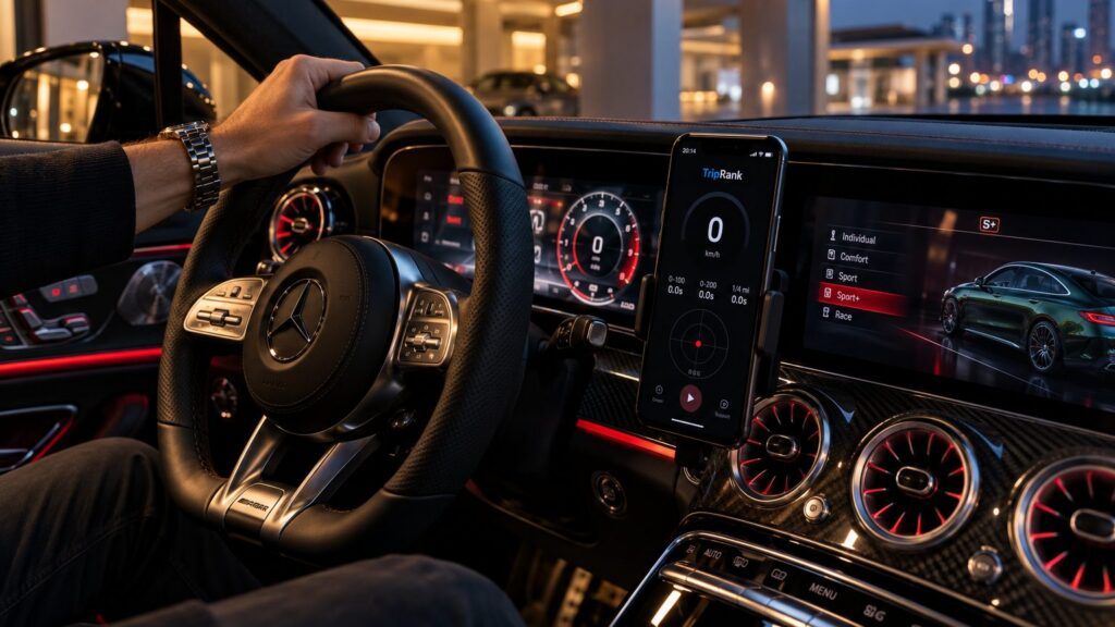 Android phone mounted in a premium performance saloon for the TripRank Android app launch