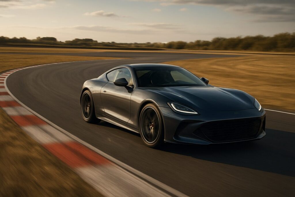 Performance car cornering on a closed circuit in late afternoon light