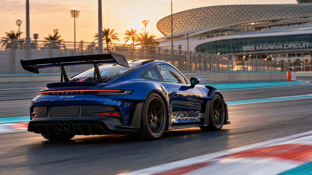 Deep blue GT3 RS exiting a corner for the Yas Marina Porsche driving experience