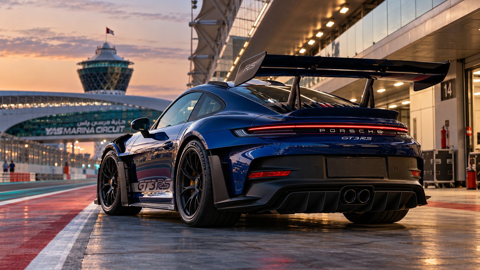 Porsche 911 GT3 RS rear wing and bodywork in the Yas Marina pit lane